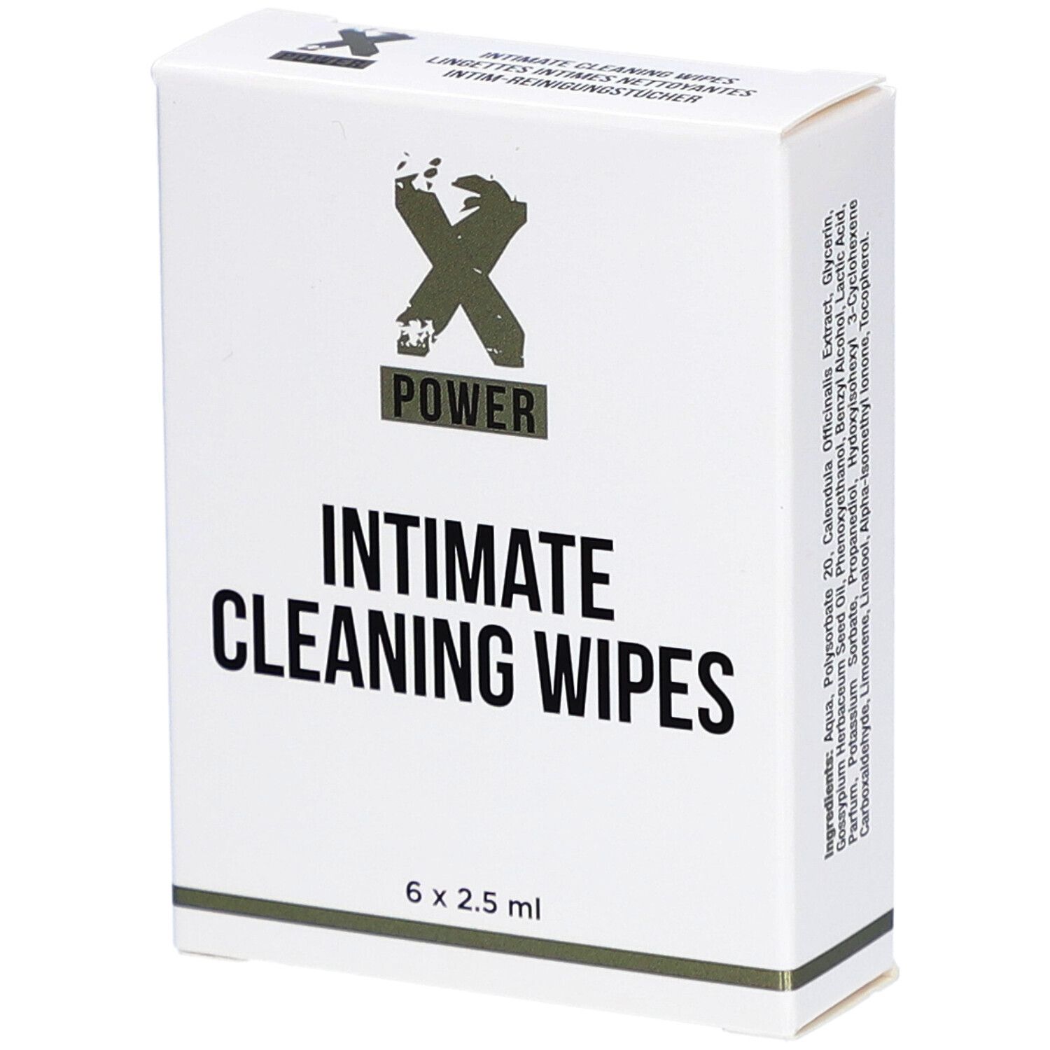 Weiße Schachtel mit "X POWER" Logo und "INTIMATE CLEANING WIPES" Schriftzug. Enthält 6 Tücher.