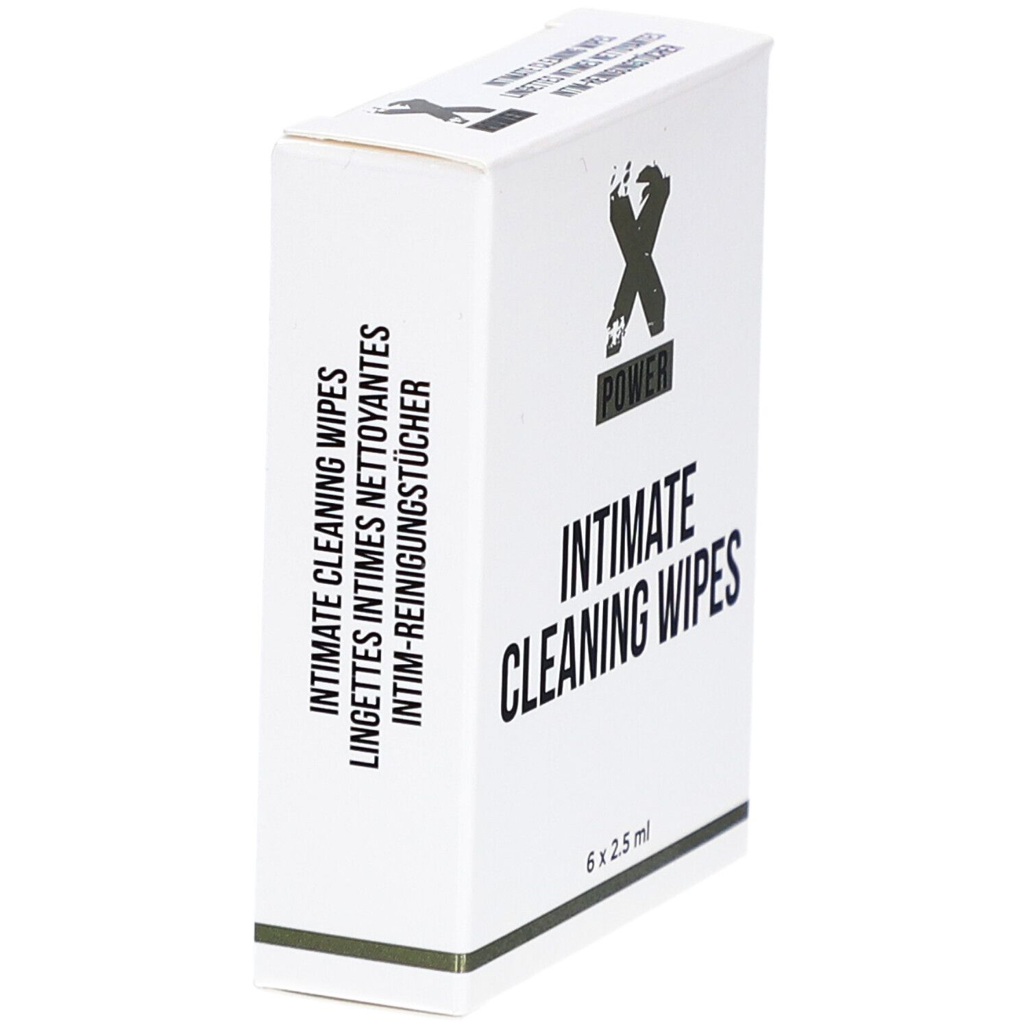 Weiße Schachtel mit "X POWER" Logo und "INTIMATE CLEANING WIPES" Schriftzug. Seitenansicht.