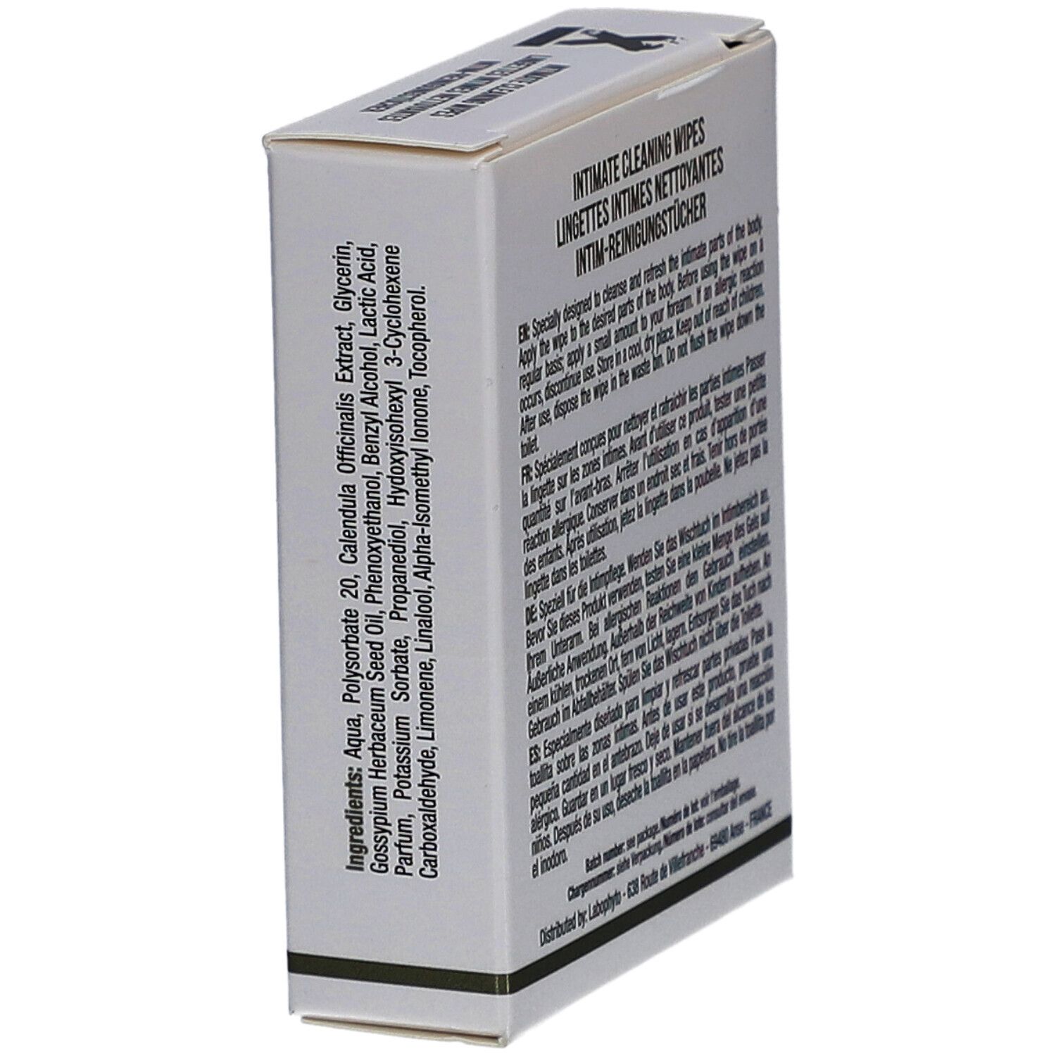 Weiße Schachtel mit Inhaltsstoffangaben und Text in mehreren Sprachen. Seitenansicht.
