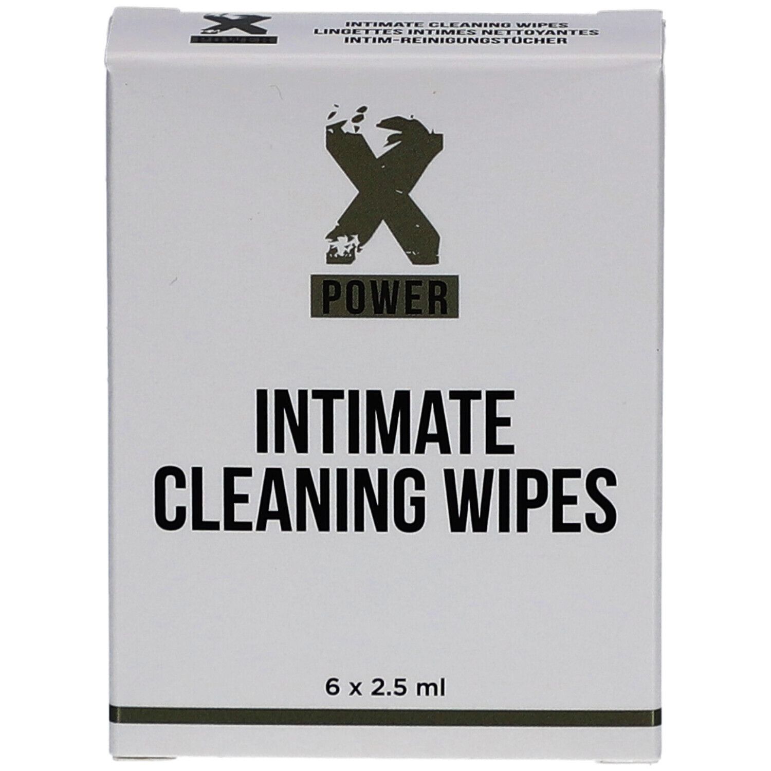 Weiße Schachtel mit "X POWER" Logo und "INTIMATE CLEANING WIPES" Schriftzug. Enthält 6 Tücher.