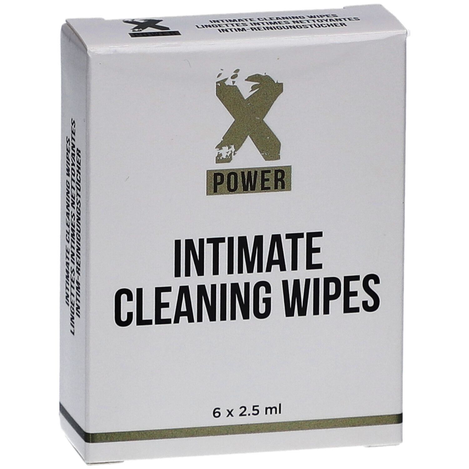 Weiße Schachtel mit "X POWER" Logo und "INTIMATE CLEANING WIPES" Schriftzug. Enthält 6 Tücher.