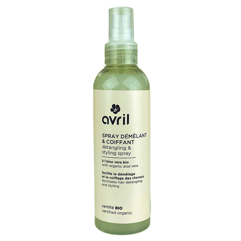 Grüne Flasche mit Sprühkopf. Aufschrift: avril, Spray Démêlant & Coiffant, mit Bio-Aloe Vera. Zertifiziert BIO.