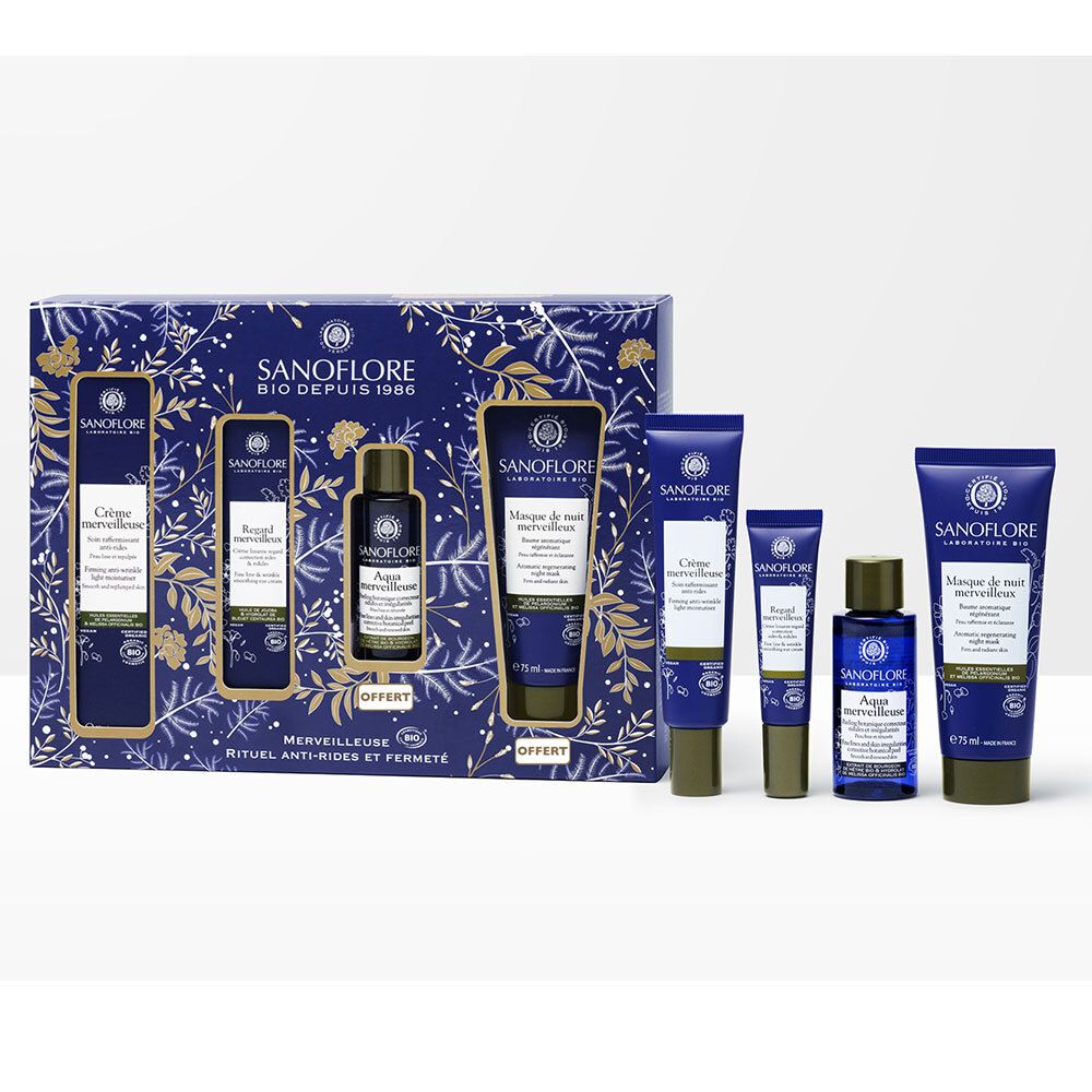 Geschenkset mit Produkten von SANOFLORE. Enthält Cremes, Seren und eine Flasche. Bio-zertifiziert.