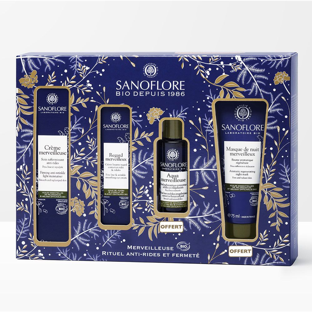SANOFLORE Geschenkset. Enthält Creme, Serum, Flasche und Nachtmaske. Verpackung mit floralem Muster.