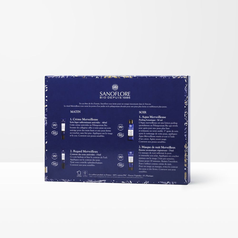 Rückseite der Geschenkbox von SANOFLORE. Enthält Produktinformationen und Anwendungsanweisungen.