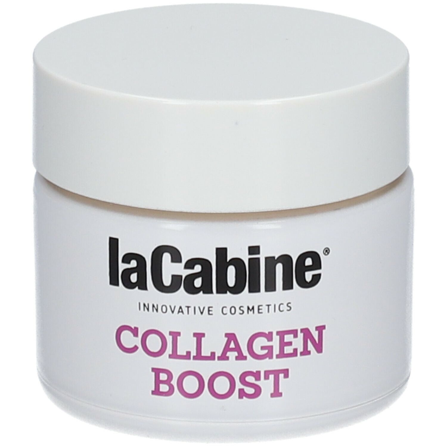 Weißes Tiegel mit Deckel. Aufschrift: laCabine, Collagen Boost. Rosa Schrift.