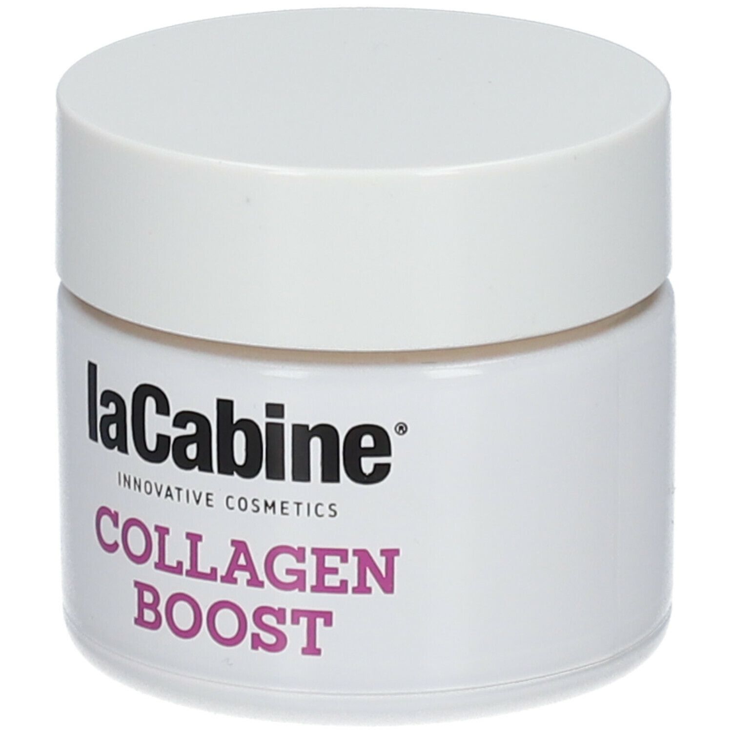 Weißes Tiegel mit Deckel. Aufschrift: laCabine, Collagen Boost. Rosa Schrift.
