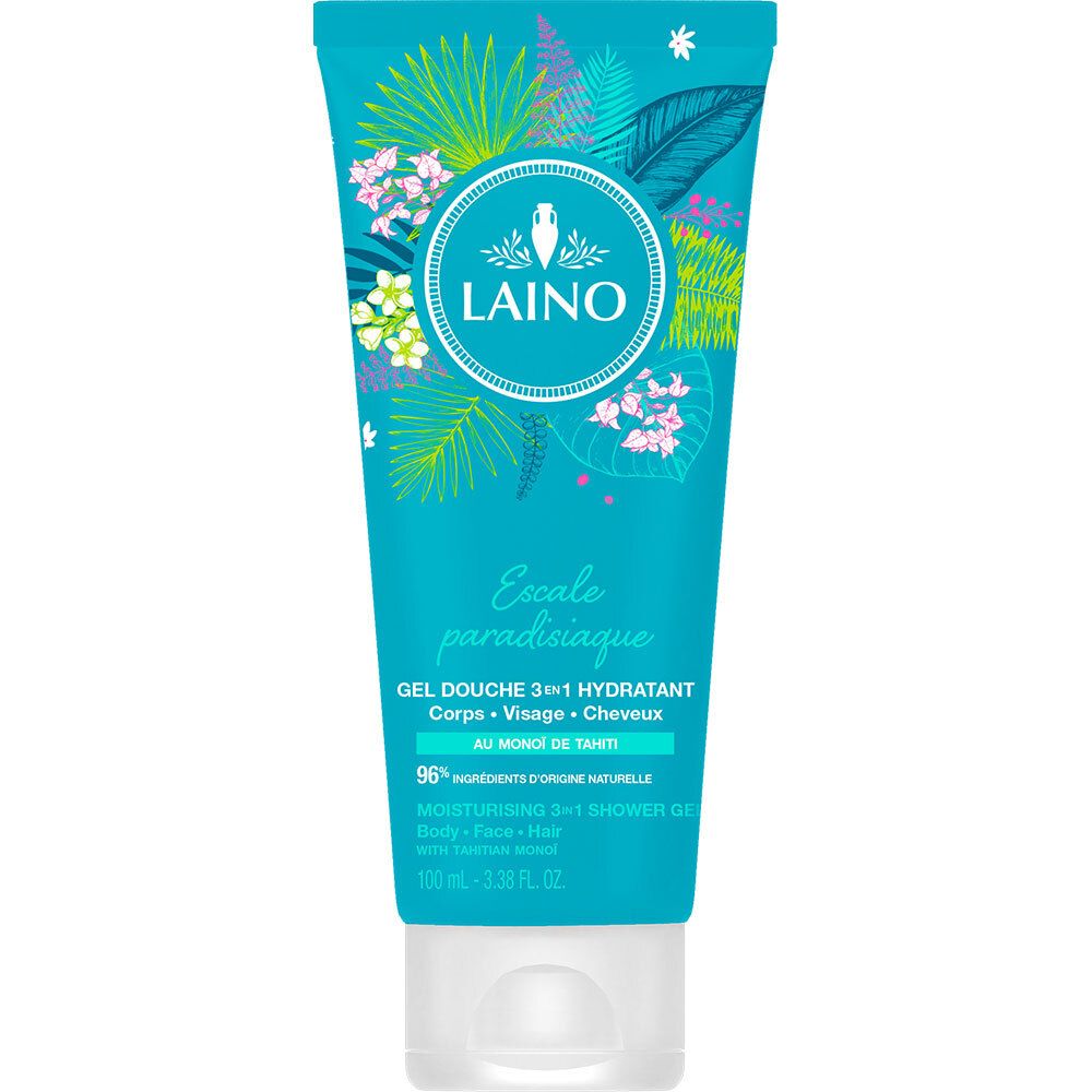 Türkisfarbene Tube mit weißem Verschluss. Aufschrift: LAINO, Escale paradisiaque, Gel Douche 3 en 1 hydratant. Mit floralem Design.