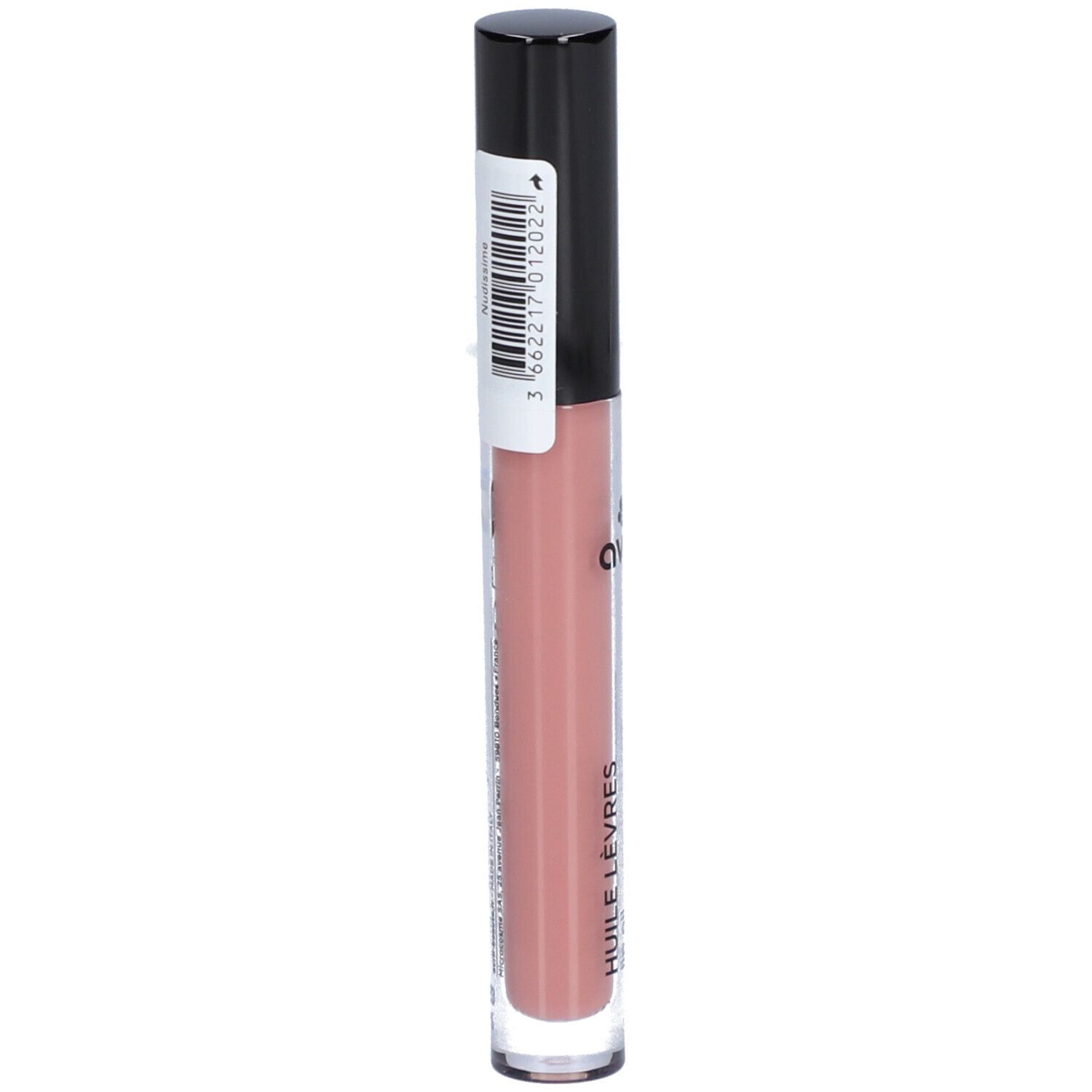 Lippenöl in transparenter Tube mit schwarzem Deckel. Aufkleber mit Barcode und Produktinformationen.
