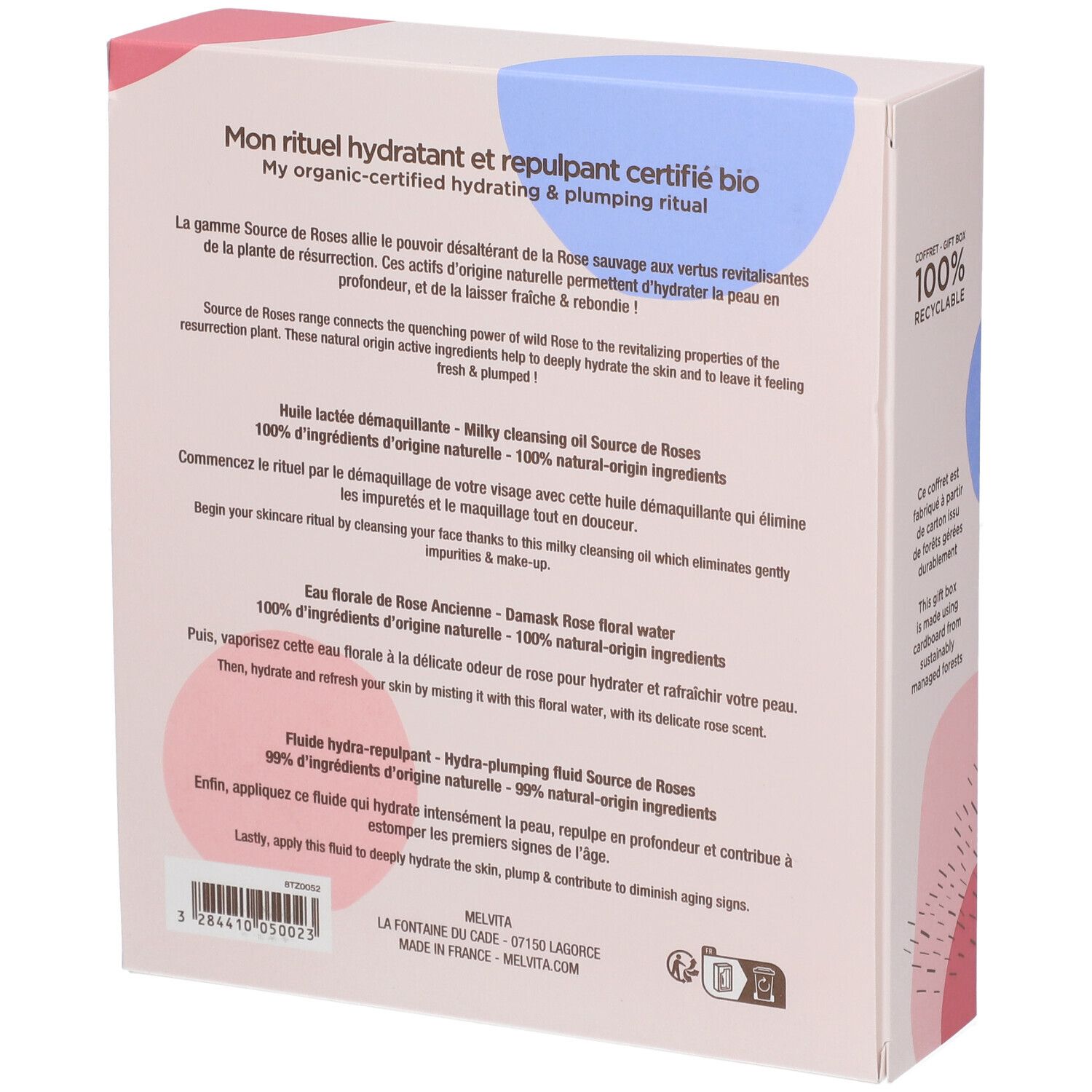 Rückseite der Geschenkbox mit Text. Beschreibungen auf Französisch. Text: 100% recycelbar. Hergestellt in Frankreich.