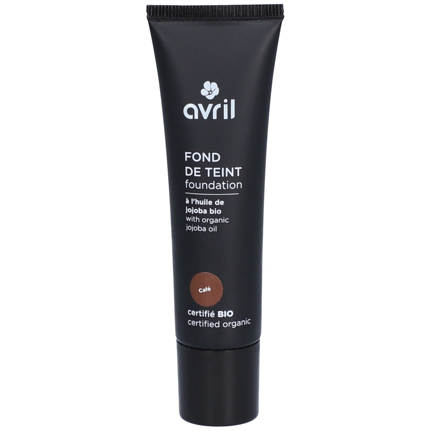 Foundation-Tube, schwarz. Aufschrift: Avril, Fond de Teint, Café. Zertifiziert Bio.