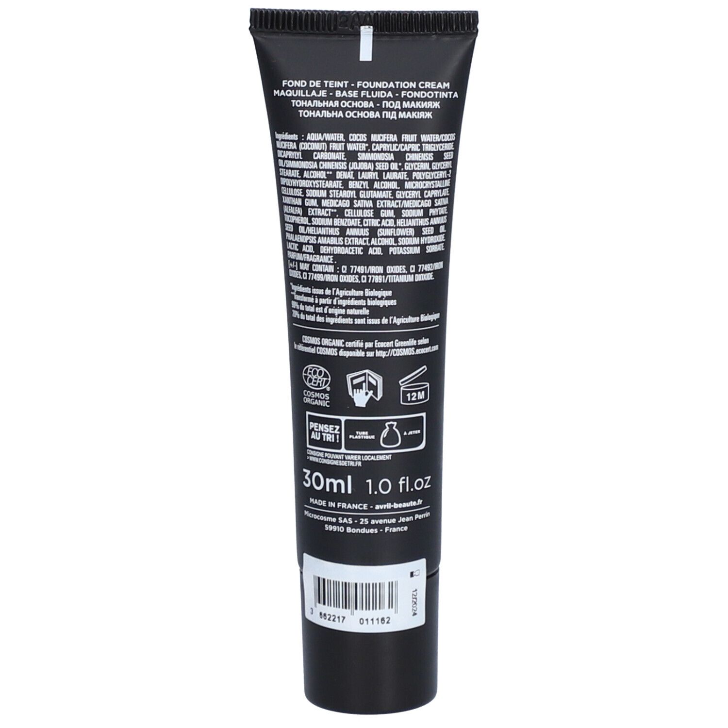 Rückseite der Foundation-Tube. Text, Inhaltsstoffe, Zertifizierungen, 30ml, 1.0 fl.oz.