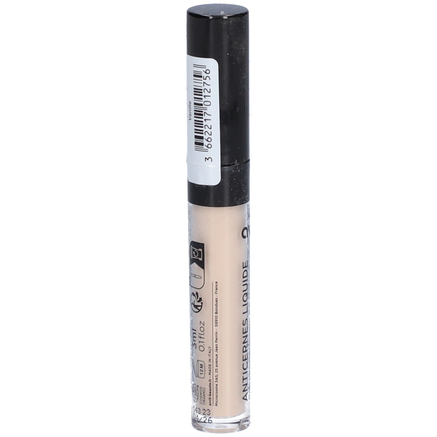 Flüssig-Concealer in transparenter Tube mit schwarzem Deckel. Aufkleber mit Barcode und Produktinformationen. 3ml, 0.1 fl oz.
