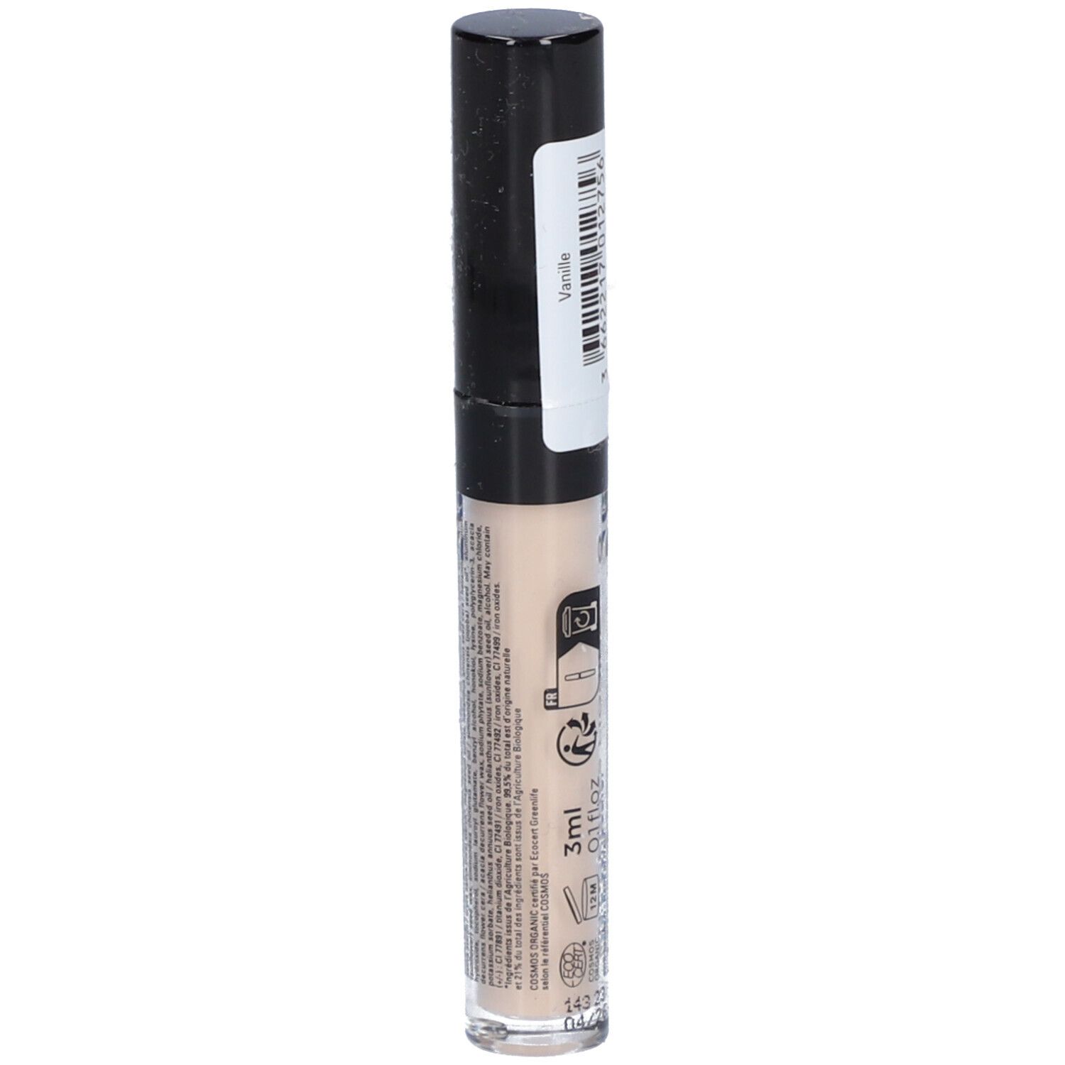 Flüssig-Concealer in transparenter Tube mit schwarzem Deckel. Aufschrift: Vanille. 3ml, 0.1 fl oz. Bio-Zertifizierung.