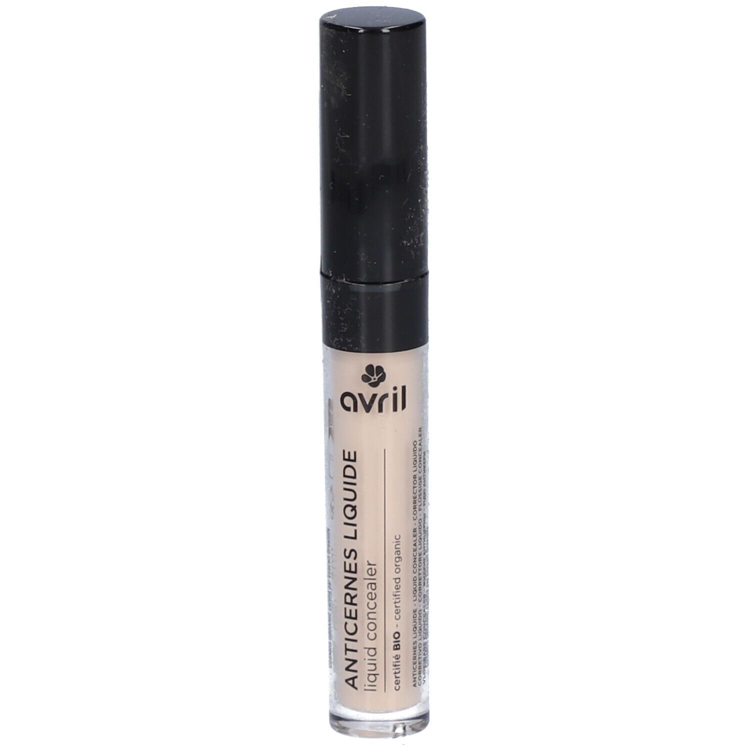 Flüssig-Concealer in transparenter Tube mit schwarzem Deckel. Aufschrift: Anticernes Liquide, Avril. Zertifiziertes Bio-Produkt.