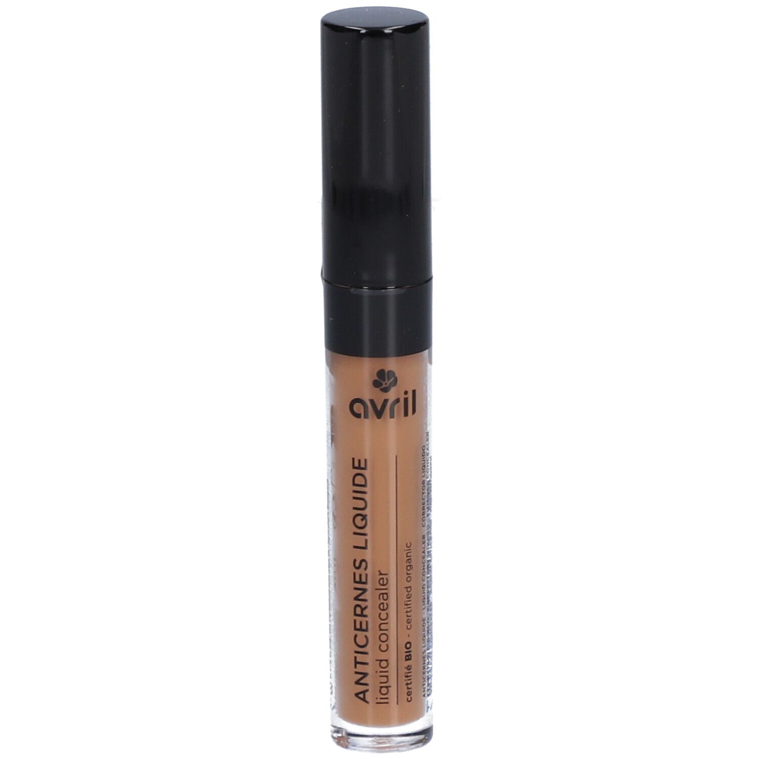 Flüssig-Concealer mit schwarzem Deckel. Aufschrift: Avril, ANTICERNES LIQUIDE, certified organic.