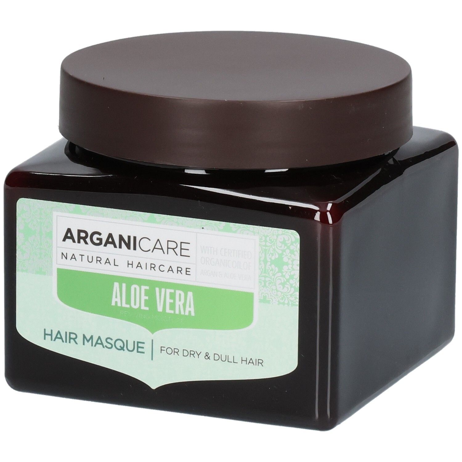 Arganicare Haarmaske mit Aloe Vera für trockenes und glanzloses Haar in einem braunen Tiegel.
