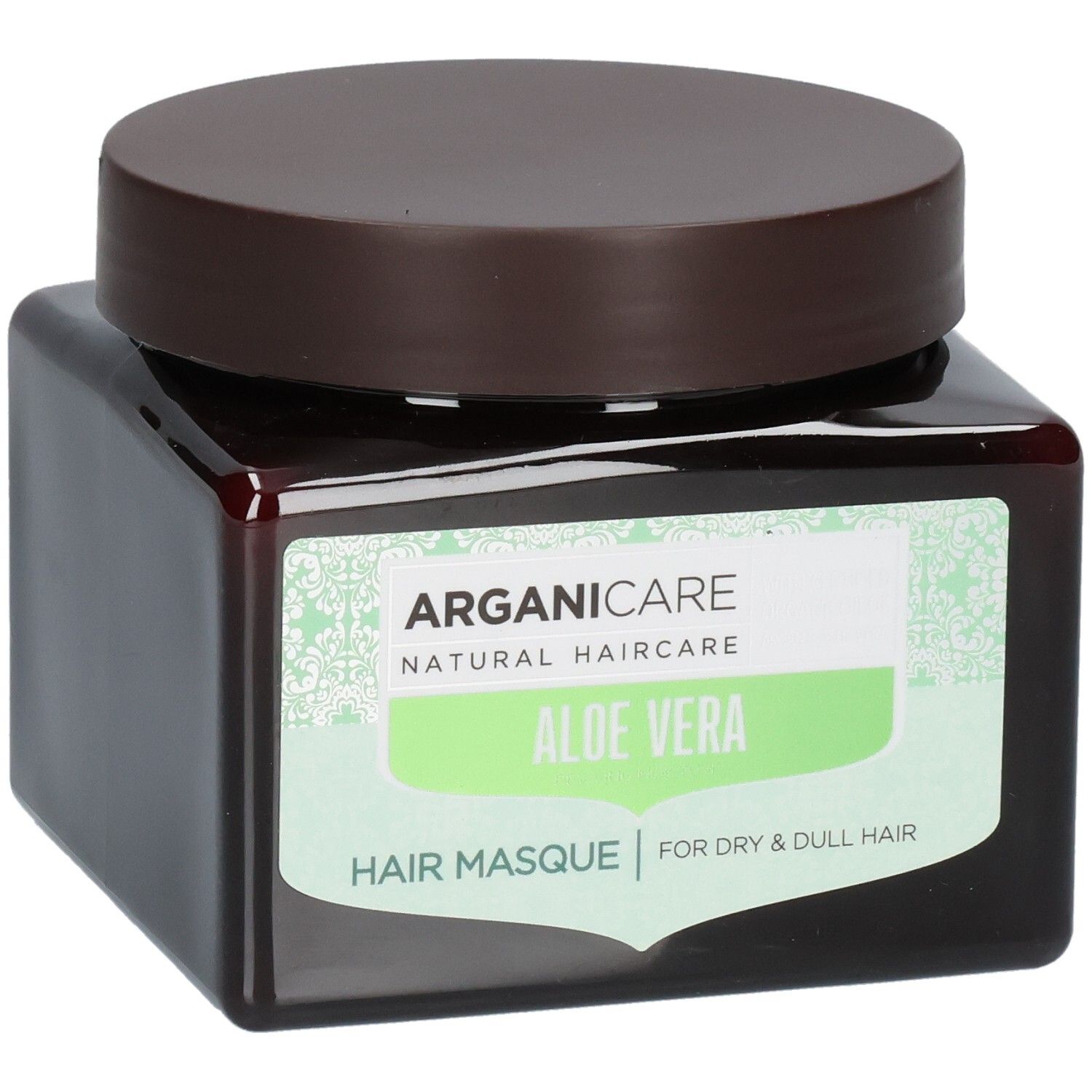 Arganicare Haarmaske mit Aloe Vera für trockenes und glanzloses Haar in einem braunen Tiegel.