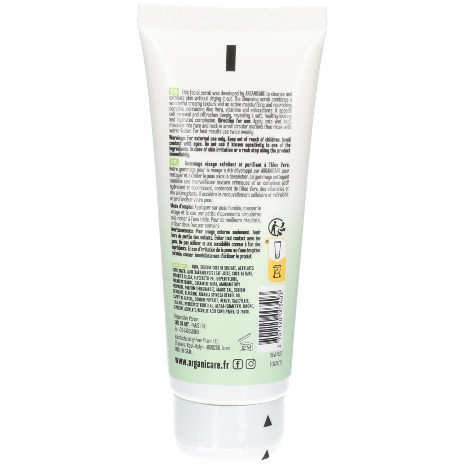 Rückseite einer Arganicare Aloe Hydra Peeling und reinigendes Gesichtspeeling Tube.