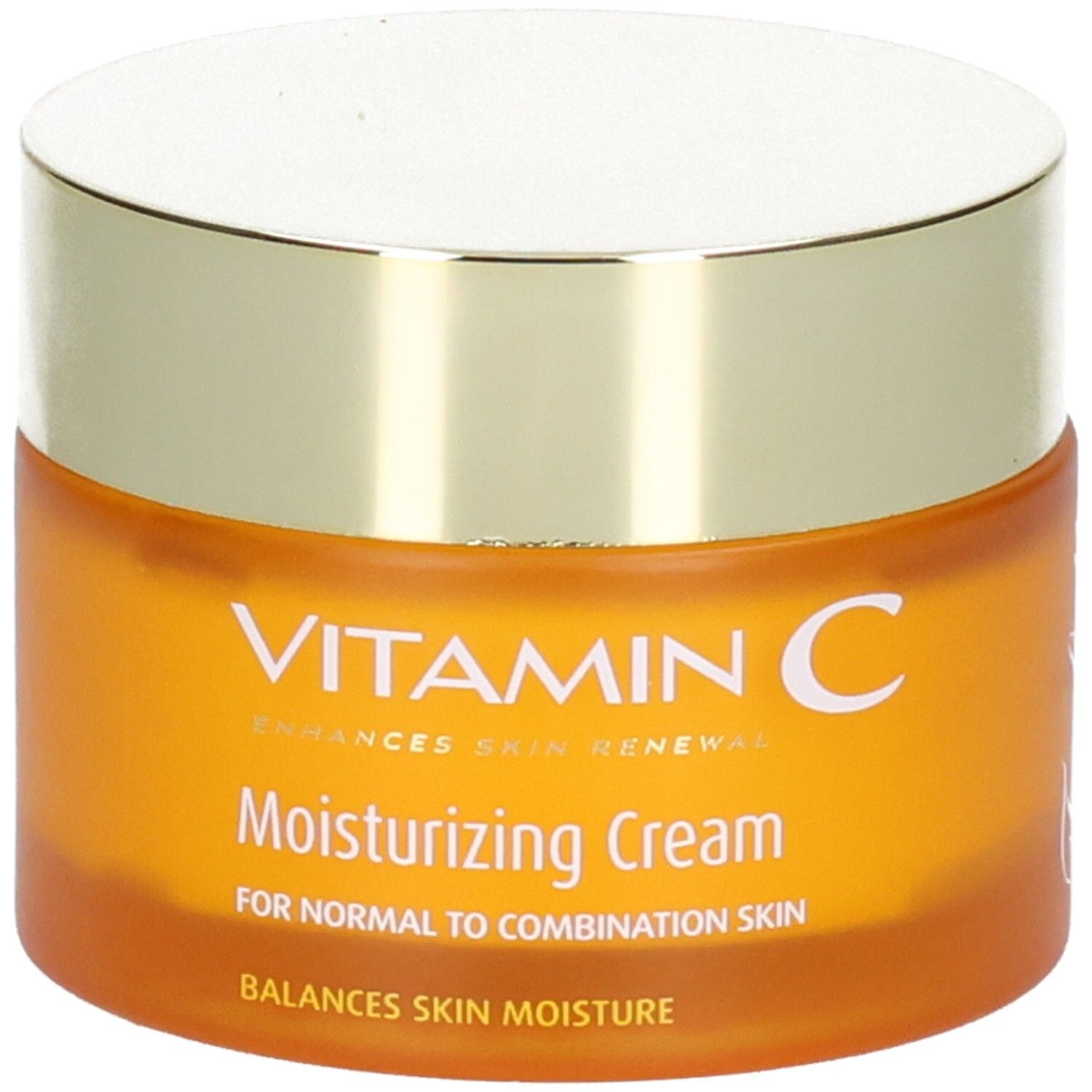 Orange Tiegel mit goldfarbenem Deckel, "VITAMIN C Moisturizing Cream" Aufschrift.