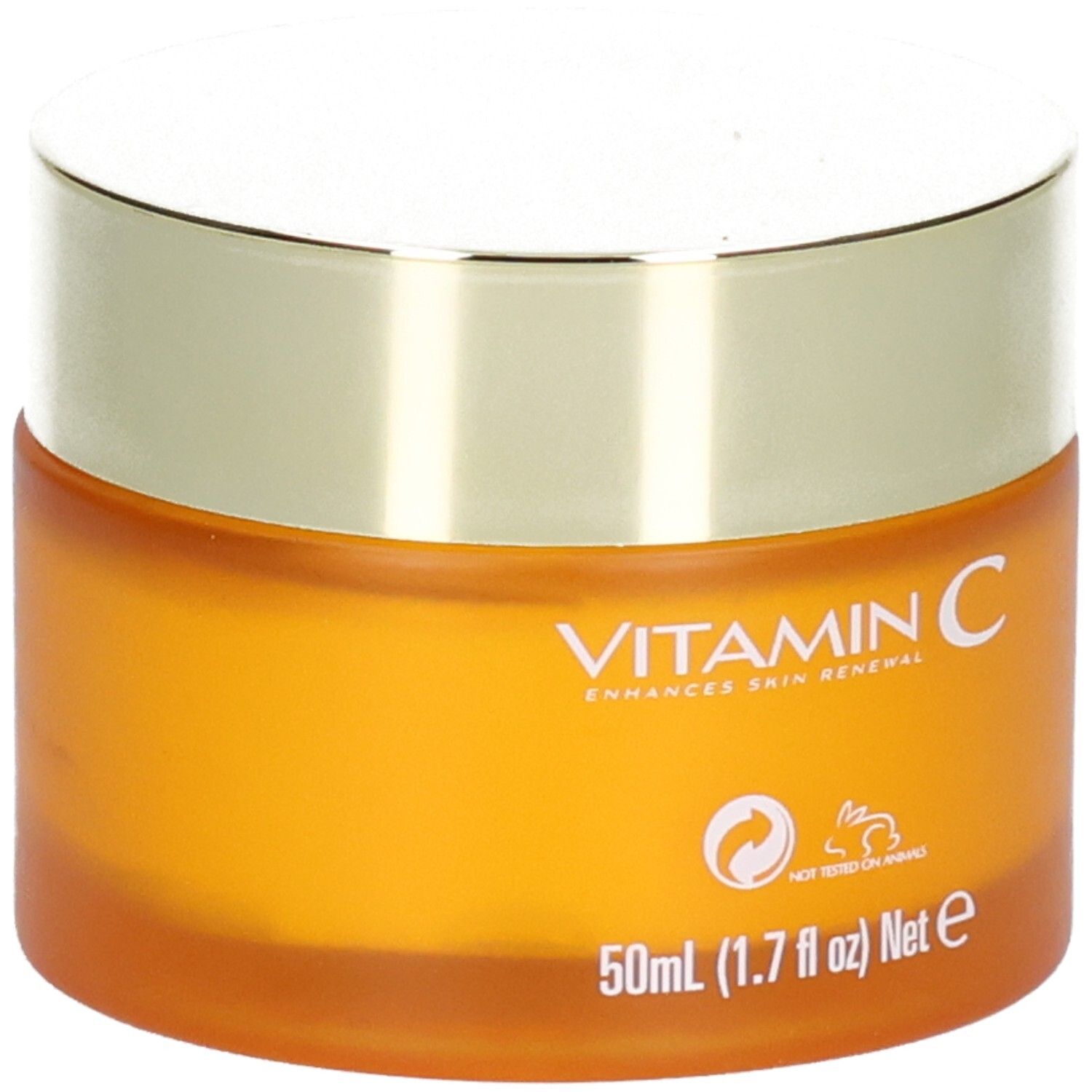 Orange Tiegel mit goldfarbenem Deckel, "VITAMIN C" und "50ml (1.7 fl oz) Net e" Aufschrift.