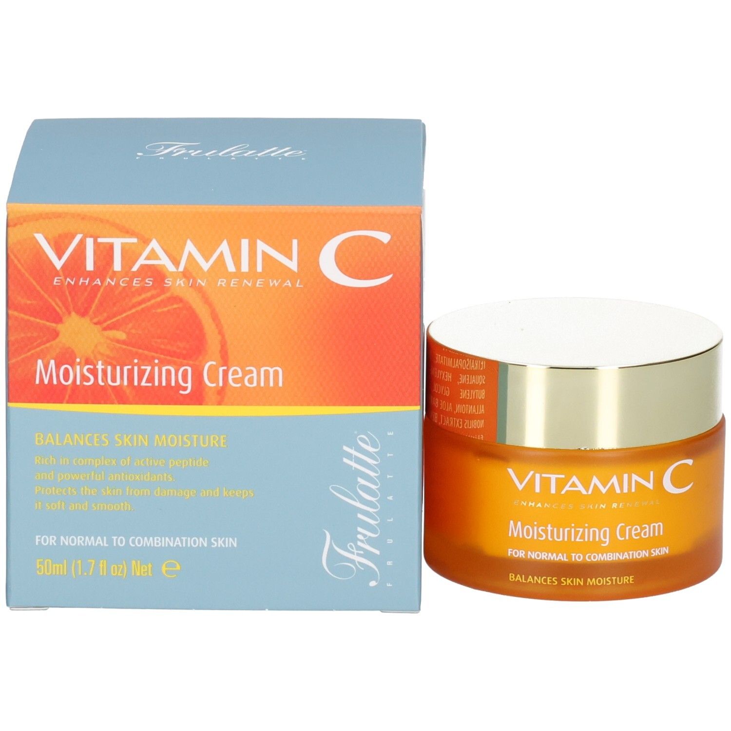 Orange Tiegel und Kartonverpackung, "VITAMIN C Moisturizing Cream" und "Frulatte" Aufschrift.