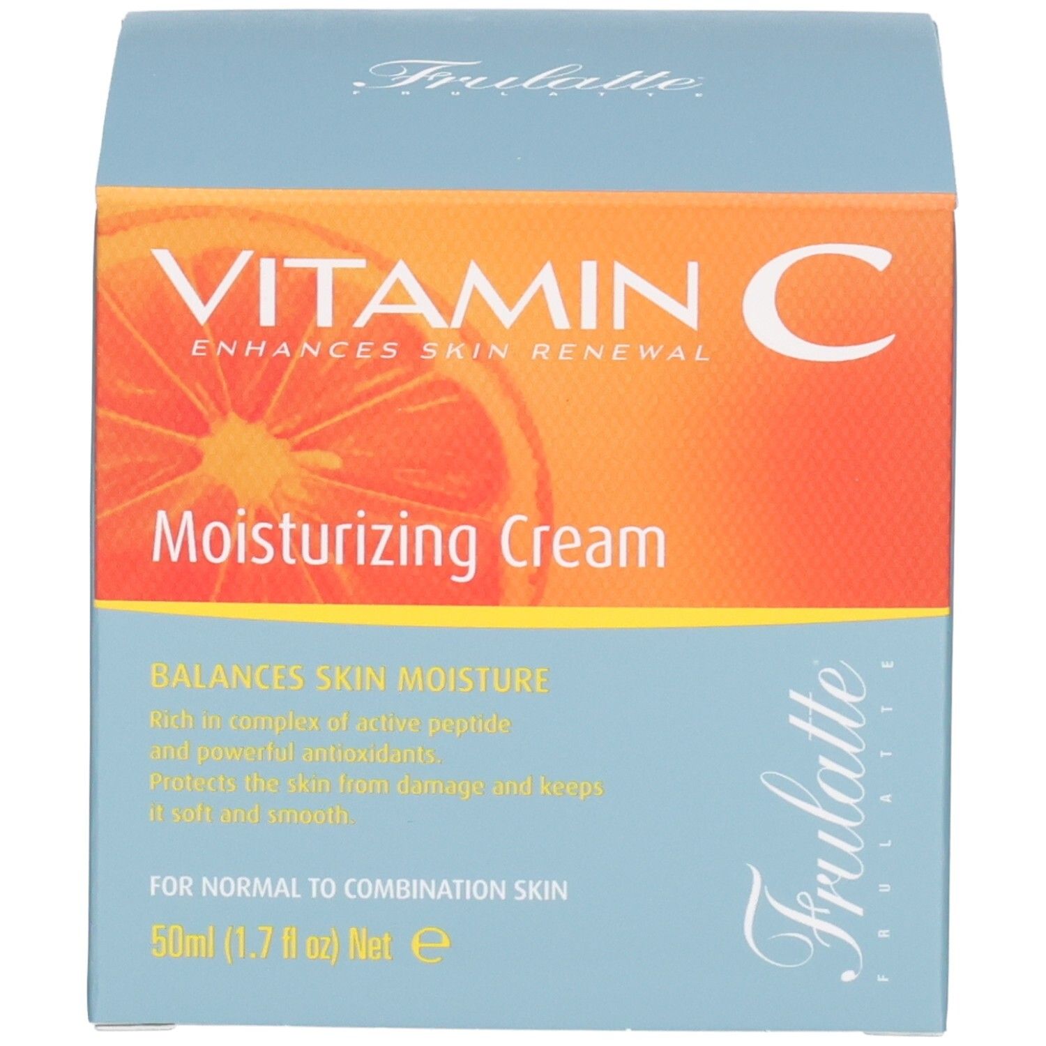 Kartonverpackung mit "VITAMIN C Moisturizing Cream" und "Frulatte" Aufschrift.