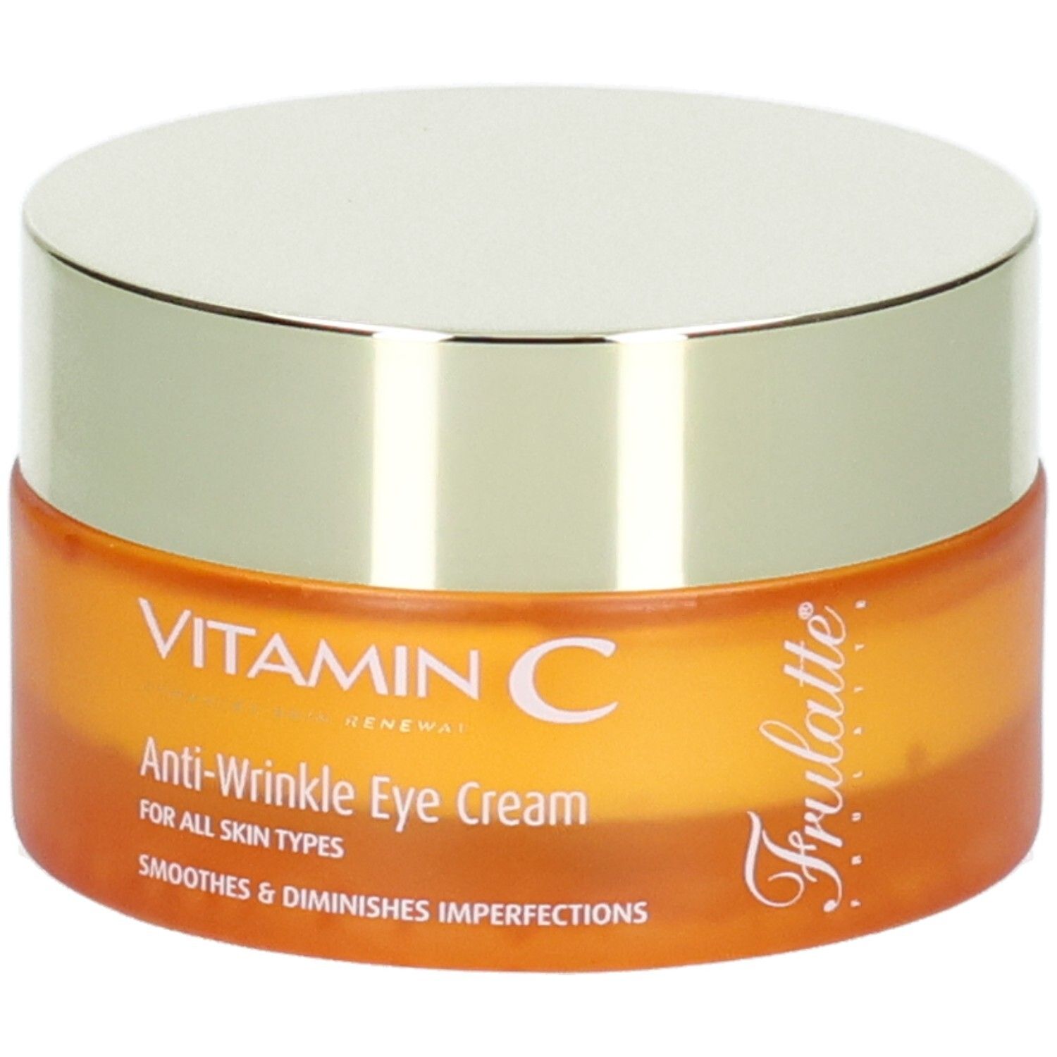 Orangefarbener Tiegel mit silbernem Deckel, "VITAMIN C Anti-Wrinkle Eye Cream" und "Frulatte" aufgedruckt.