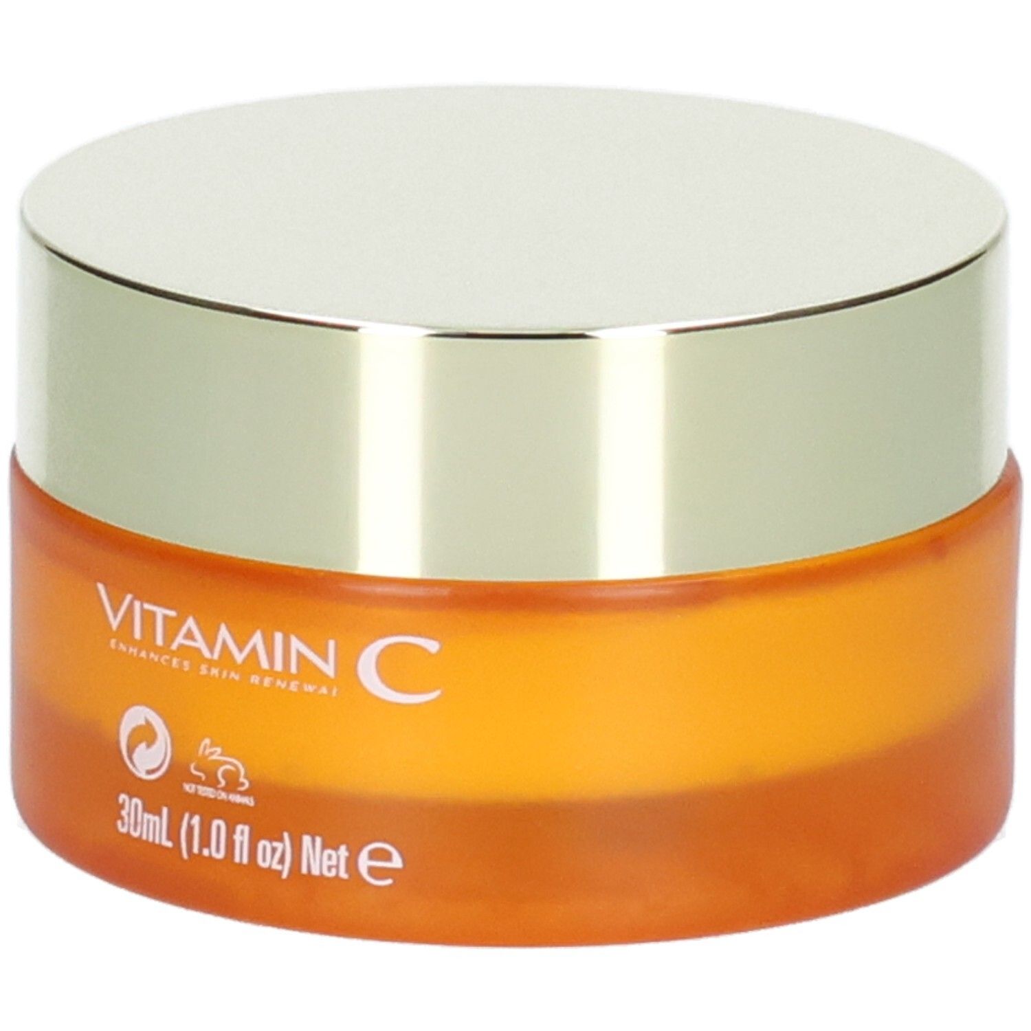 Orangefarbener Tiegel mit silbernem Deckel, "VITAMIN C ENHANCES SKIN RENEWAL" und "30ml" aufgedruckt.