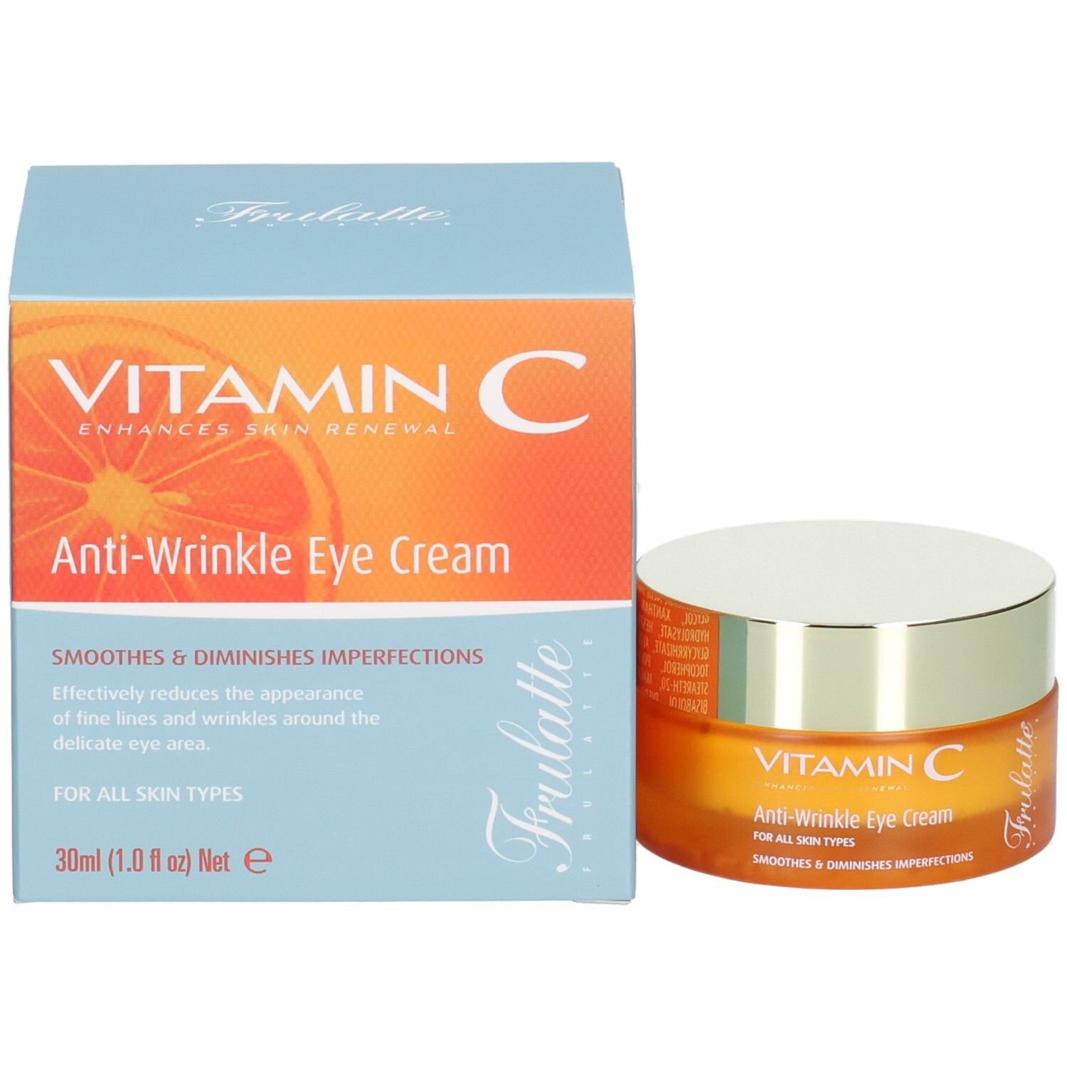 Orangefarbener Tiegel mit silbernem Deckel neben einer blauen Faltschachtel, "VITAMIN C Anti-Wrinkle Eye Cream" auf beiden.