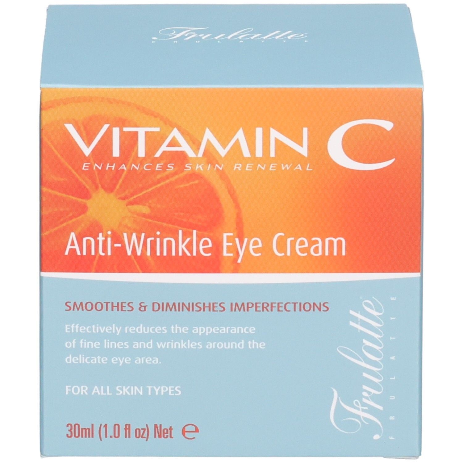 Blaue Faltschachtel mit Orangenmotiv, "VITAMIN C Anti-Wrinkle Eye Cream" und "30ml" aufgedruckt.