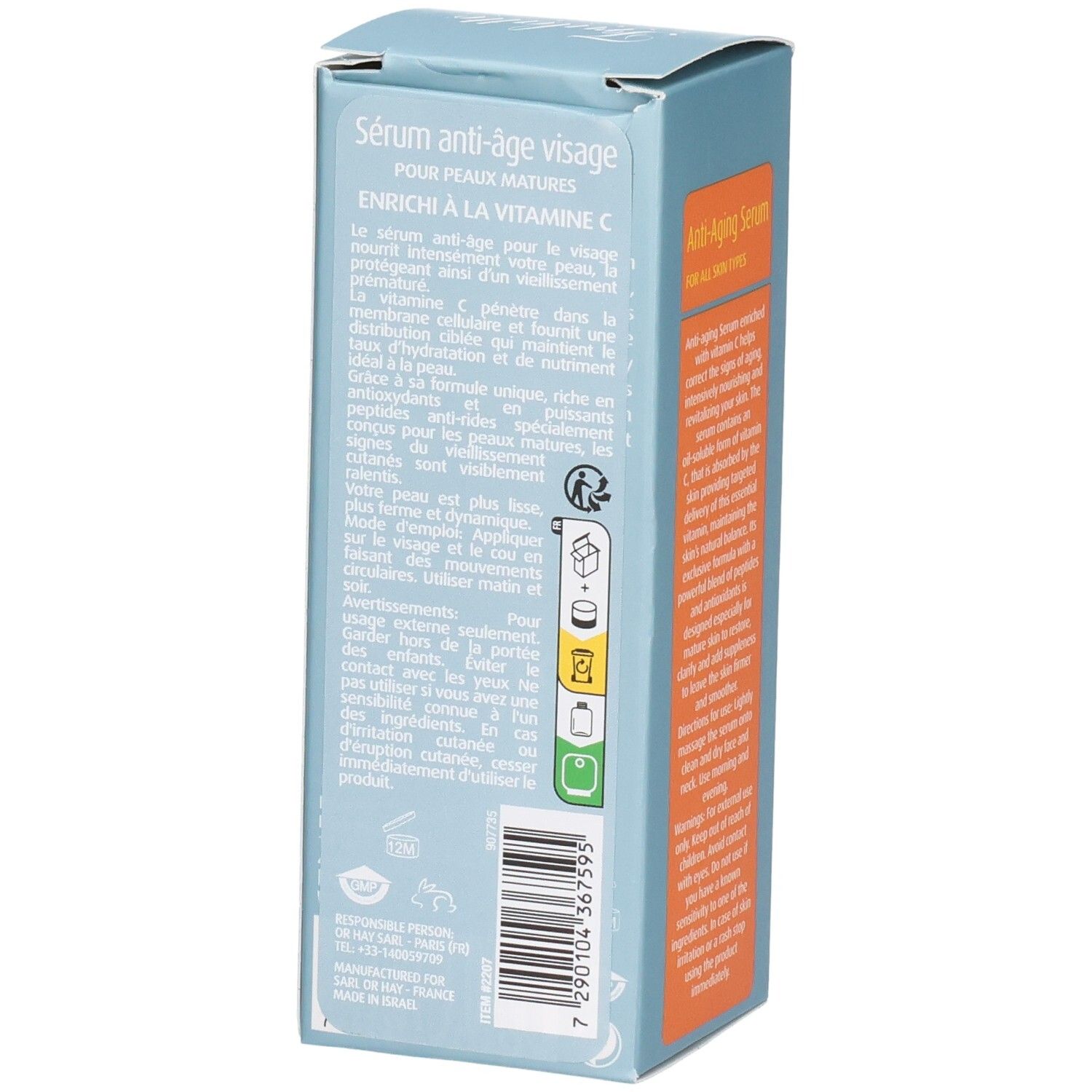 Seitenansicht der Verpackung für Anti-Aging Serum mit Vitamin C, mit Inhaltsstoffen und Barcode.