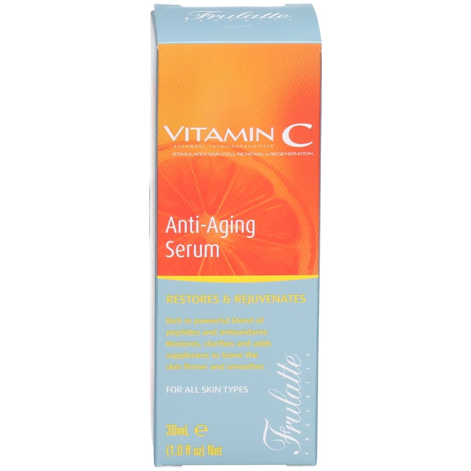 Verpackung für Anti-Aging Serum mit Vitamin C, 30ml, mit Orangenmotiv.