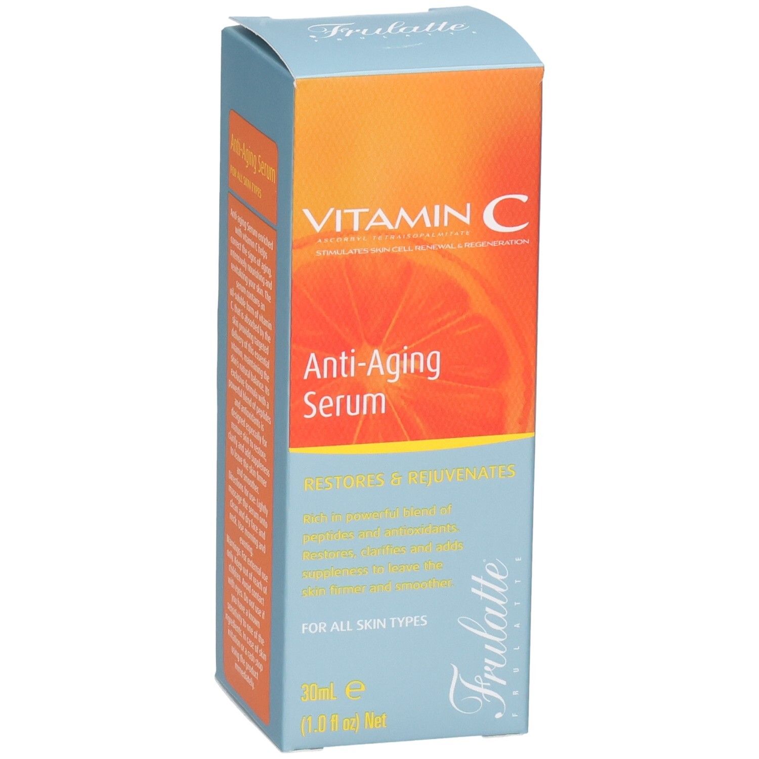 Vorderseite der Verpackung für Anti-Aging Serum mit Vitamin C, 30ml.