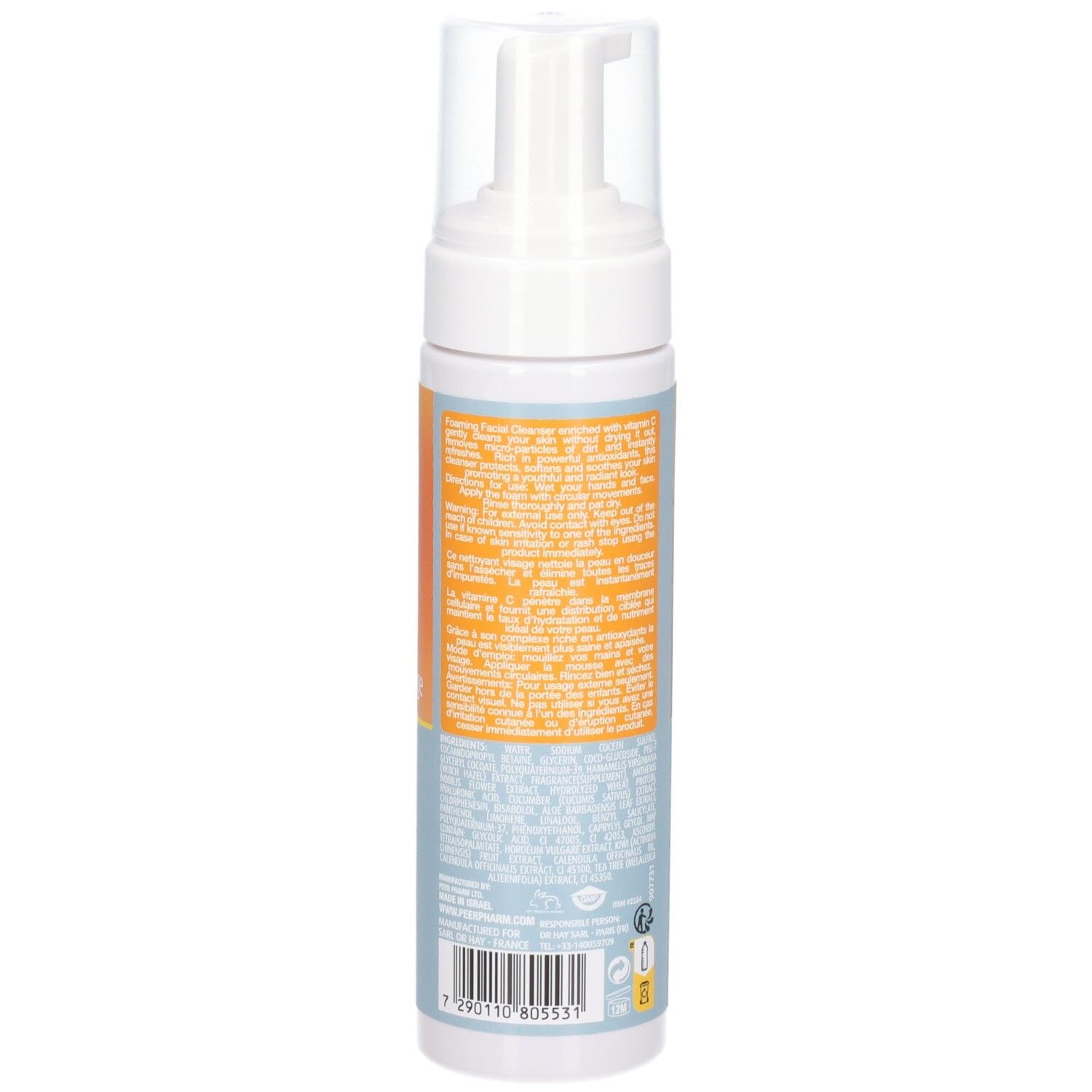 Flasche mit Pumpspender, Rückseite mit Text und Barcode. Enthält 2-in-1 schäumenden Gesichtsreiniger.