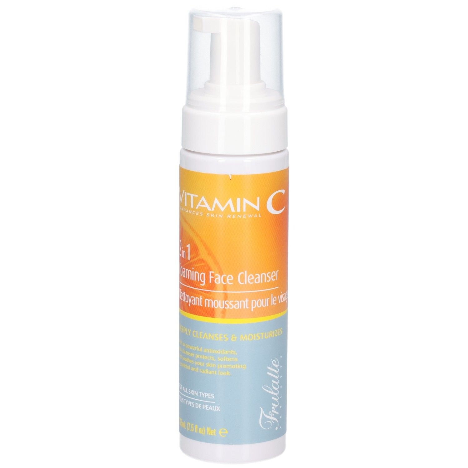 Flasche mit Pumpspender, Vorderseite mit Etikett: Vitamin C, 2-in-1 schäumender Gesichtsreiniger.