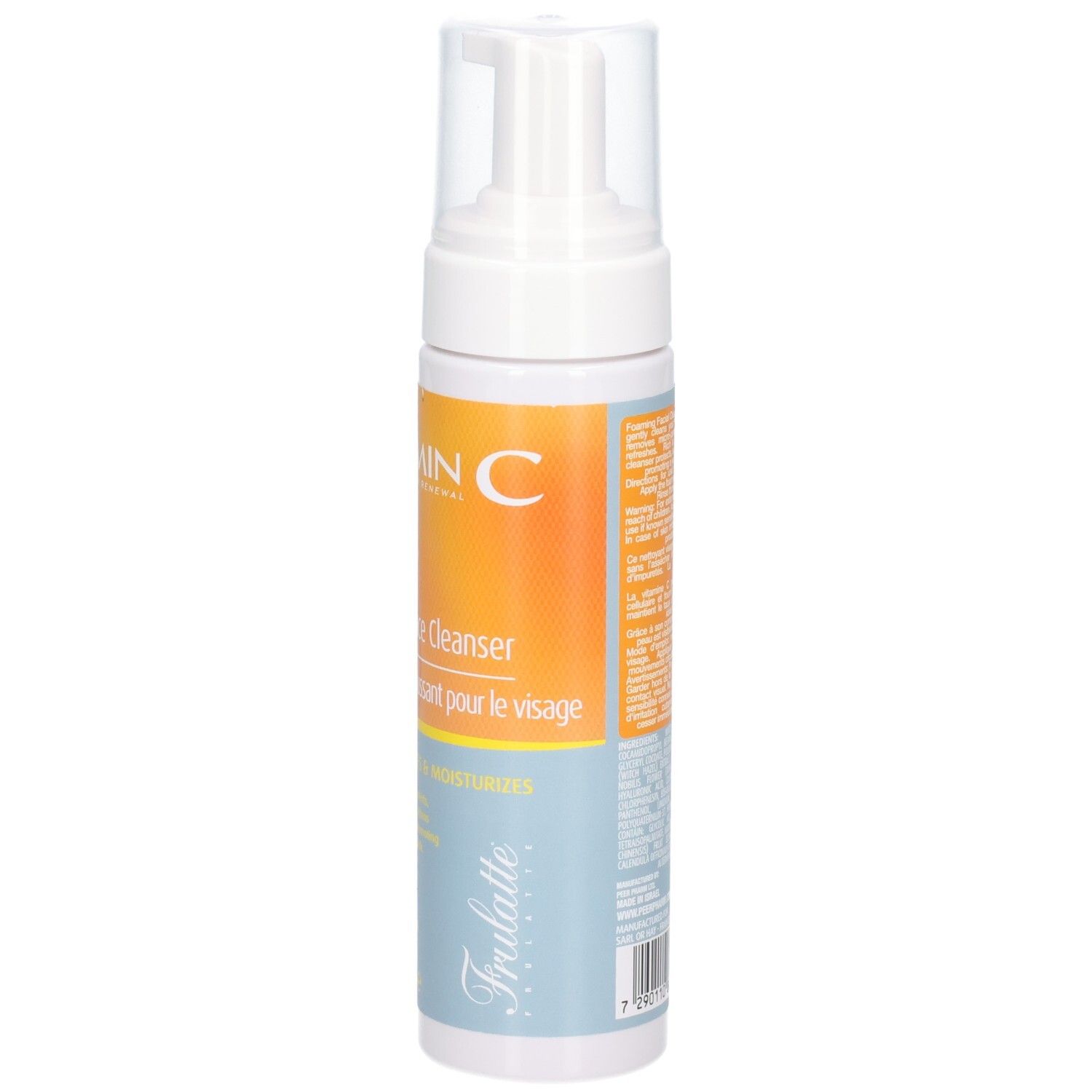 Flasche mit Pumpspender, Vorderseite mit Etikett: Vitamin C, 2-in-1 schäumender Gesichtsreiniger.
