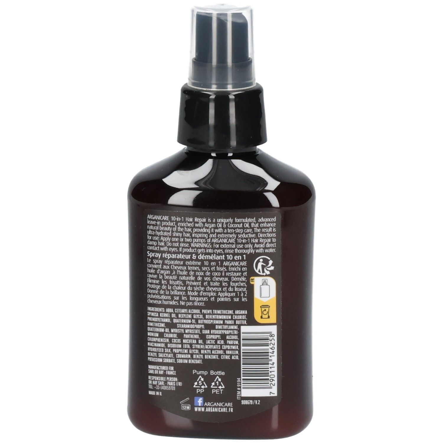 Rückseite der Arganicare 10 in 1 Leave-In Hair Protector Flasche mit Inhaltsstoffen und Anwendungshinweisen.