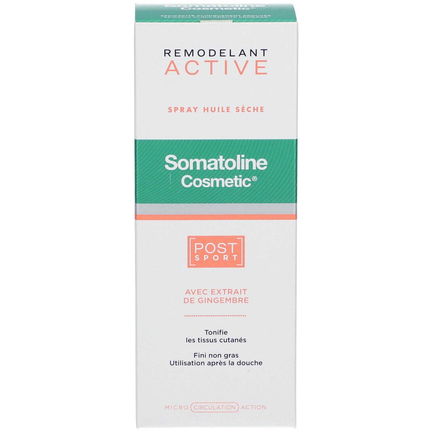 Produktverpackung mit Text: Somatoline Cosmetic, Aktiv. Grün-weißes Design. Ohne Sprayflasche.