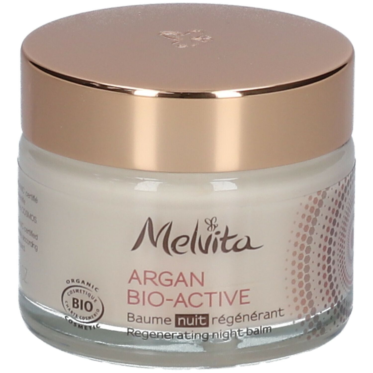 Creme-Tiegel mit goldfarbenem Deckel. Aufschrift: Melvita Argan Bio-Active Baume nuit régénérant. Bio-Zertifizierung.