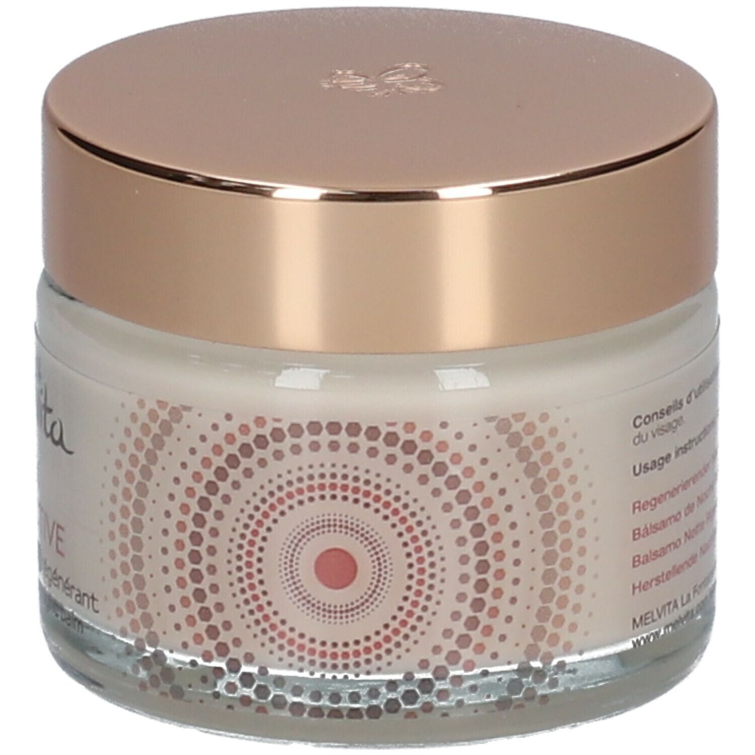 Creme-Tiegel mit goldfarbenem Deckel. Auf der Seite ein Muster aus Kreisen. Text: Melvita Argan Bio-Active.