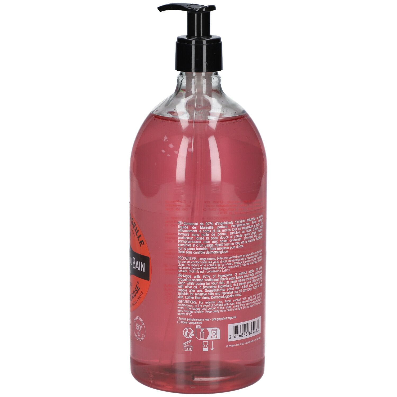 Rückseite der transparenten Flasche mit rosa Flüssigseife. Text auf dem Etikett, schwarzer Pumpspender.
