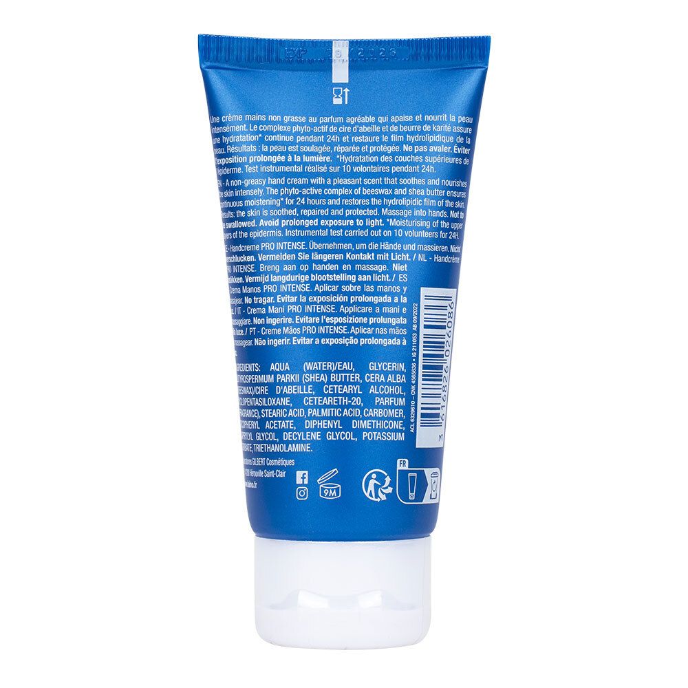 Rückseite der blauen Tube "LAINO Pro Intense" Handcreme. Text in mehreren Sprachen. Enthält Inhaltsstoffe und Herstellerinformationen.
