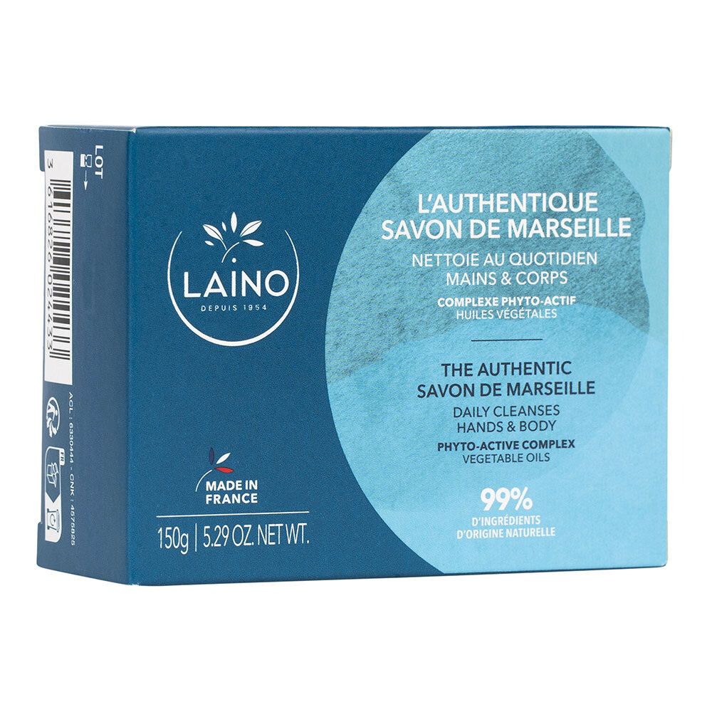 Blaue Schachtel mit weißem Seifenblock. Text: Laino, L'authentique Savon de Marseille, 99% Inhaltsstoffe natürlichen Ursprungs.