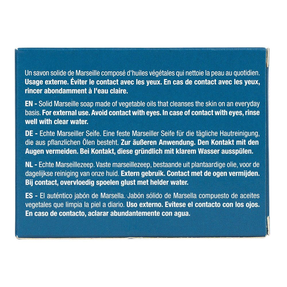 Rückseite der blauen Schachtel mit Text in mehreren Sprachen. Enthält Informationen zur Anwendung und Inhaltsstoffe.