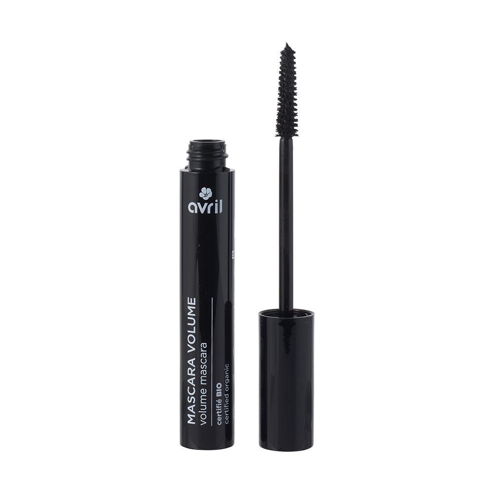 Schwarze Mascara-Tube mit geöffneter Bürste. Auf der Tube steht "Avril" und "Mascara Volume".