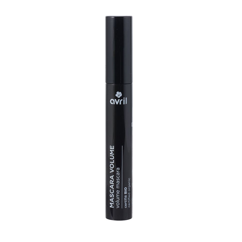 Schwarze Mascara-Tube mit geschlossenem Deckel. Auf der Tube steht "Avril" und "Mascara Volume".
