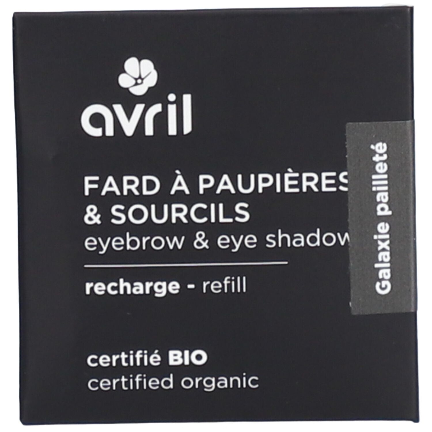 Schwarze Verpackung mit 'Avril' Logo und Text: 'Fard à paupières & sourcils'. Zertifiziert Bio. 'Galaxie pailleté' Aufkleber.