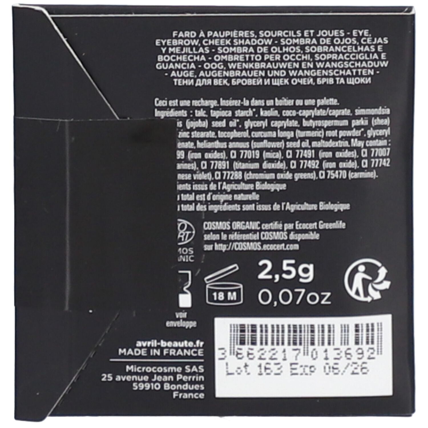 Rückseite der Verpackung. Text: Inhaltsstoffe, 'COSMOS ORGANIC', 2,5g, 0,07oz, 18M. Barcode und 'Exp 06/26'.