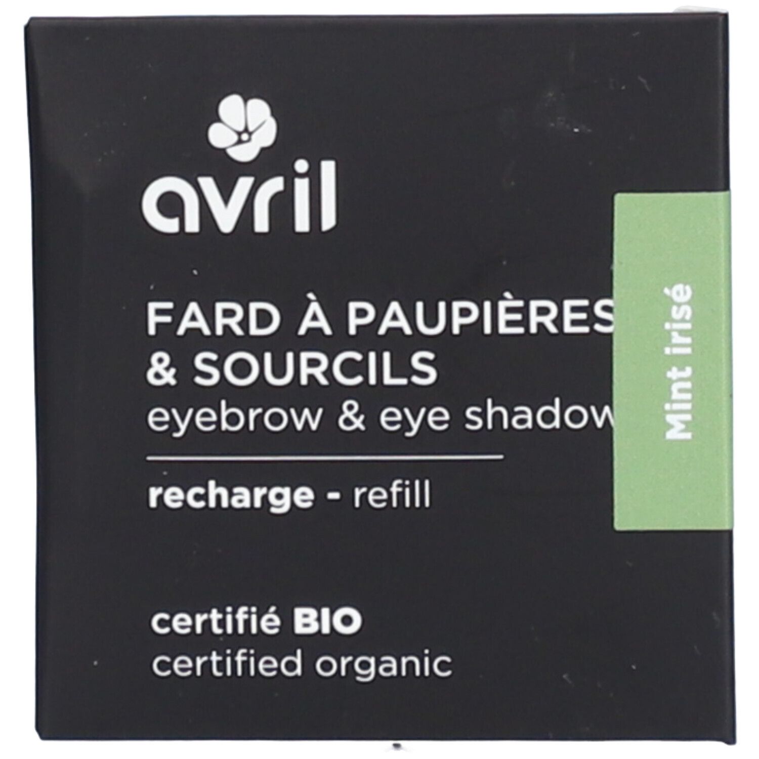 Schwarze quadratische Verpackung mit weißem "Avril"-Logo und "zertifiziert BIO". Text: "Fard à paupières & sourcils".